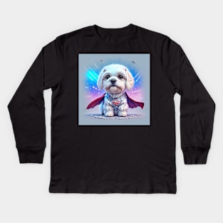 Cute Maltese as a fantasy Superhero Kids Long Sleeve T-Shirt